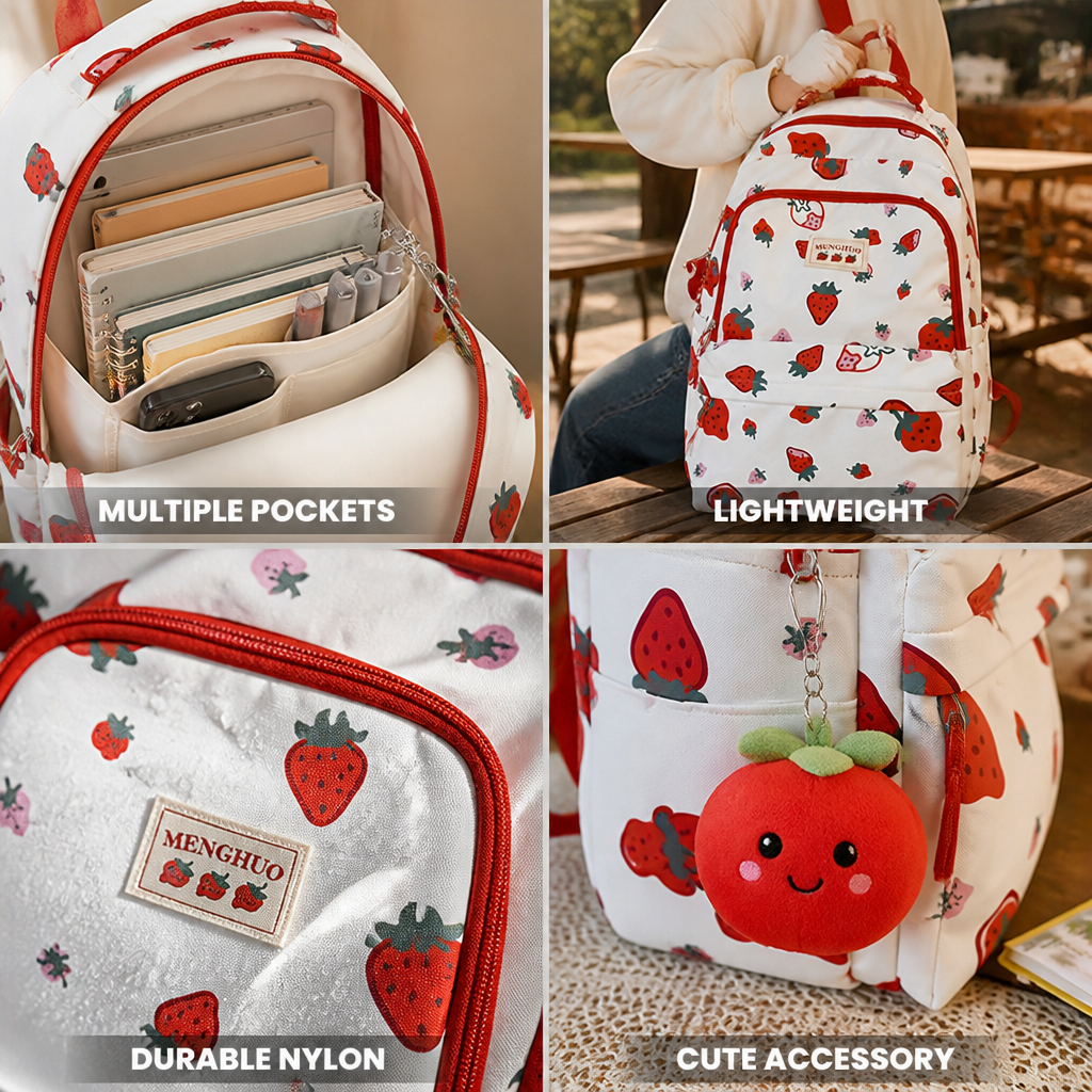 Lightweight Nylon Strawberry Print Backpack (Multiple Pockets)