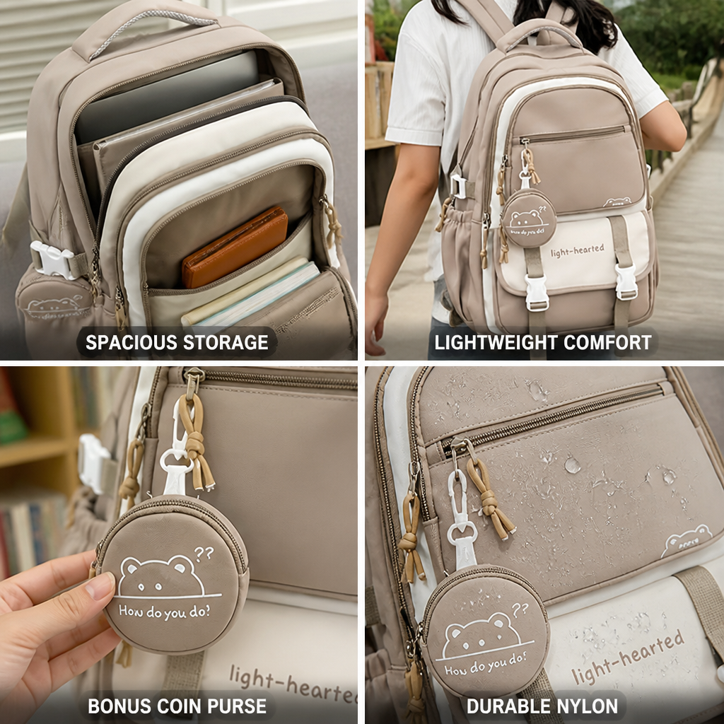 Lightweight & Spacious Nylon Backpack (Includes Coin Purse)