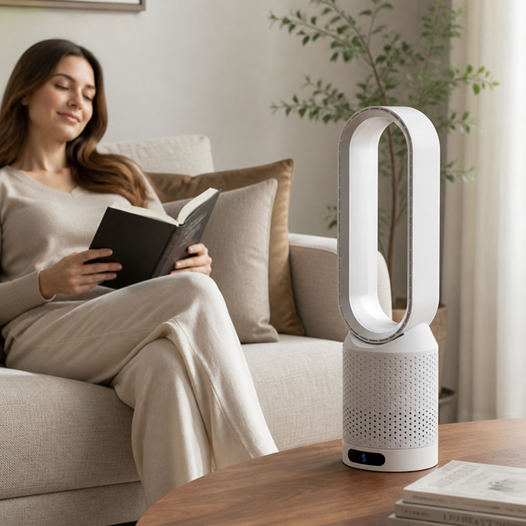 Child-Safe Bladeless Tower Fan (3-in-1 Cooler & Purifier)