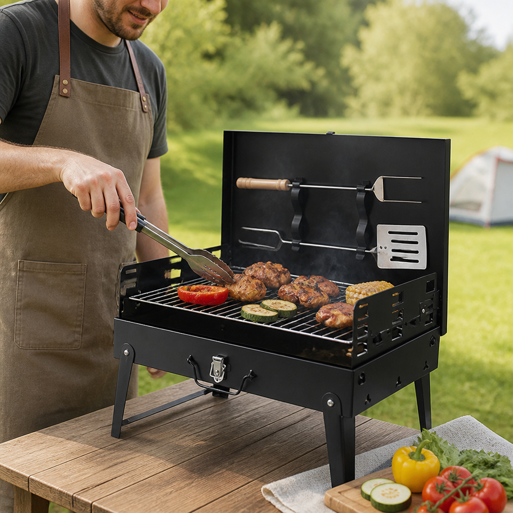 Powder-Coated Steel & Stainless Steel Grate Foldable Grill (Suitcase Format)