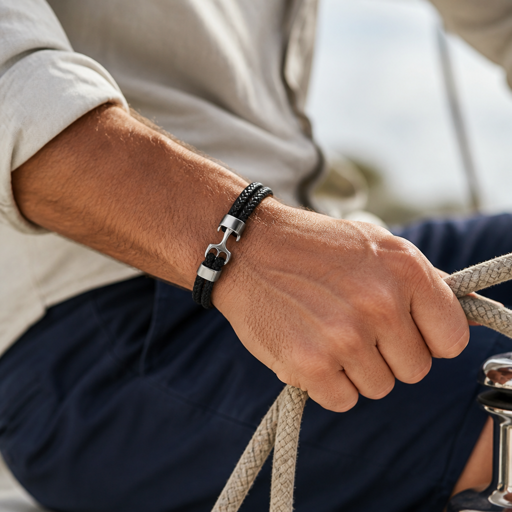 Stainless Steel Anchor Leather Bracelet (Adjustable)