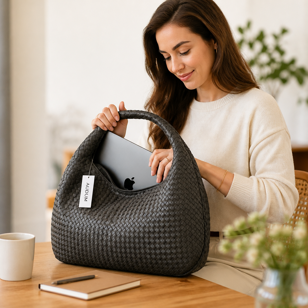 Spacious Vegan Leather Woven Tote Bag