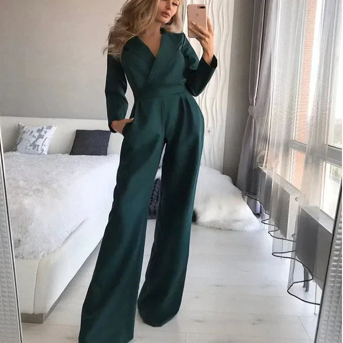 V Neck Long Sleeve Jumpsuit with Back Zipper and Slim Fit