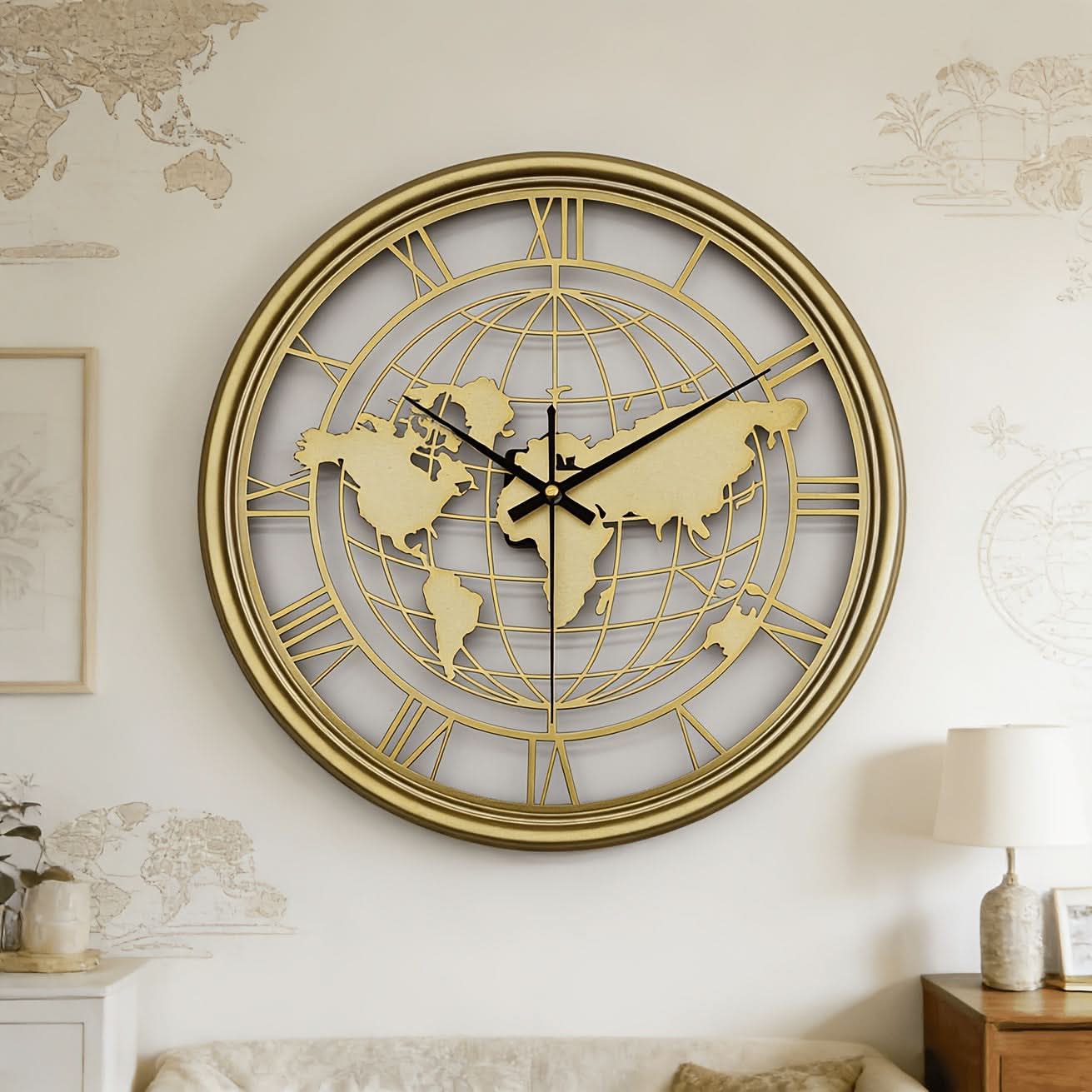 Silent Metal Wall Clock Featuring a Roman World Map Design