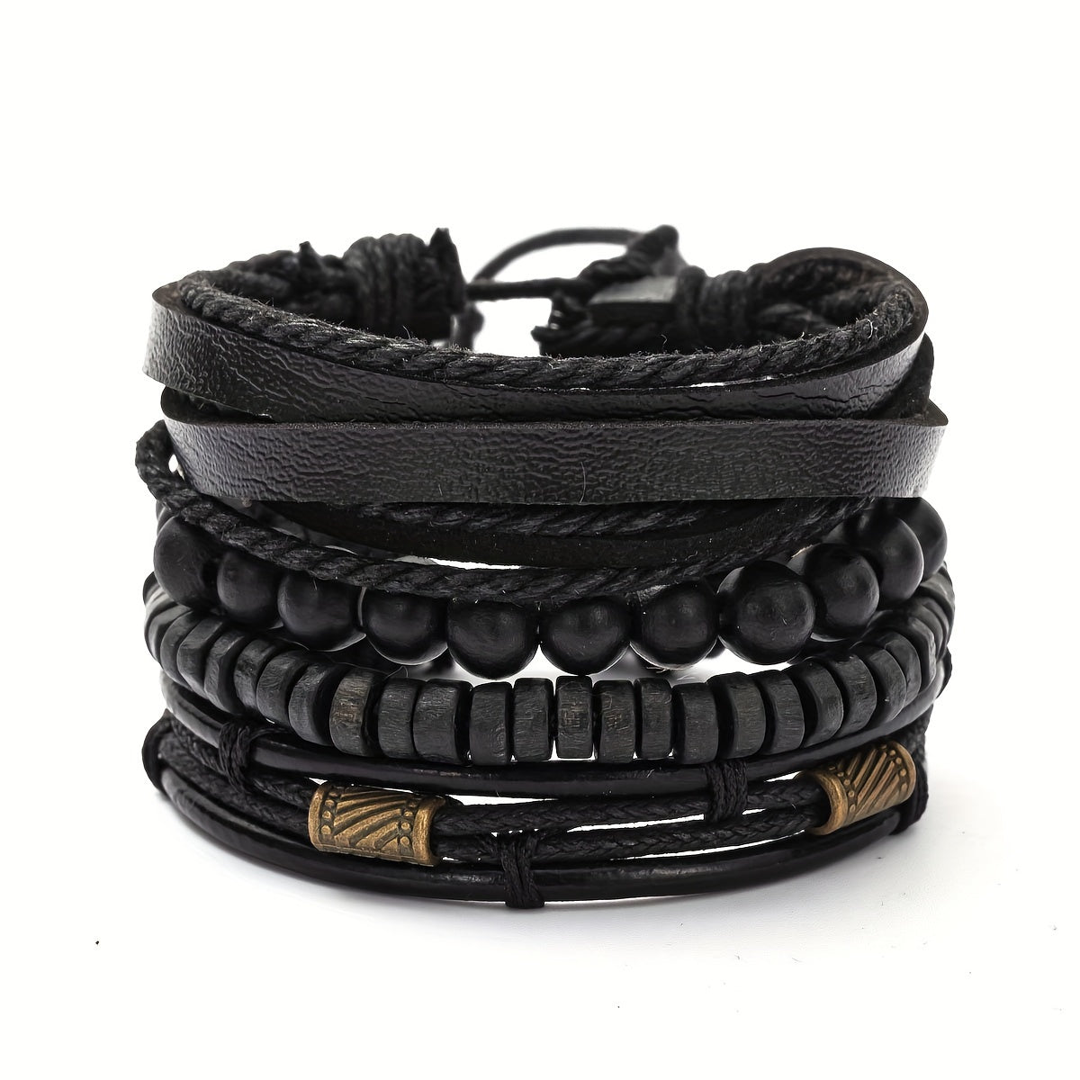 Multilayer Adjustable Bracelet Set with Wooden Beads and Leather