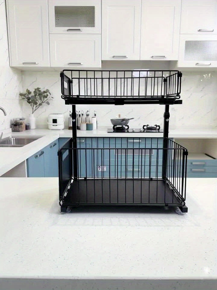 Two-Tier Cabinet Organizer with Extendable Carbon Steel Design