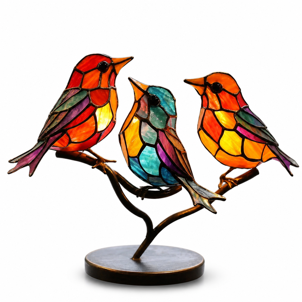 Handmade Colored Glass Bird Figurines (Set of 3 With Display Stand)