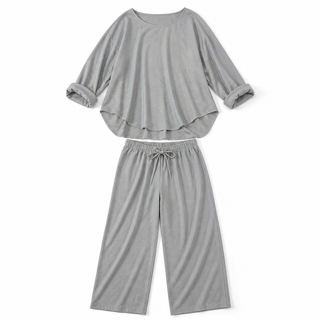 TrueStyle™ – Laid-Back Two-Piece Set Featuring Asymmetric Hem & Wide-Leg Trousers
