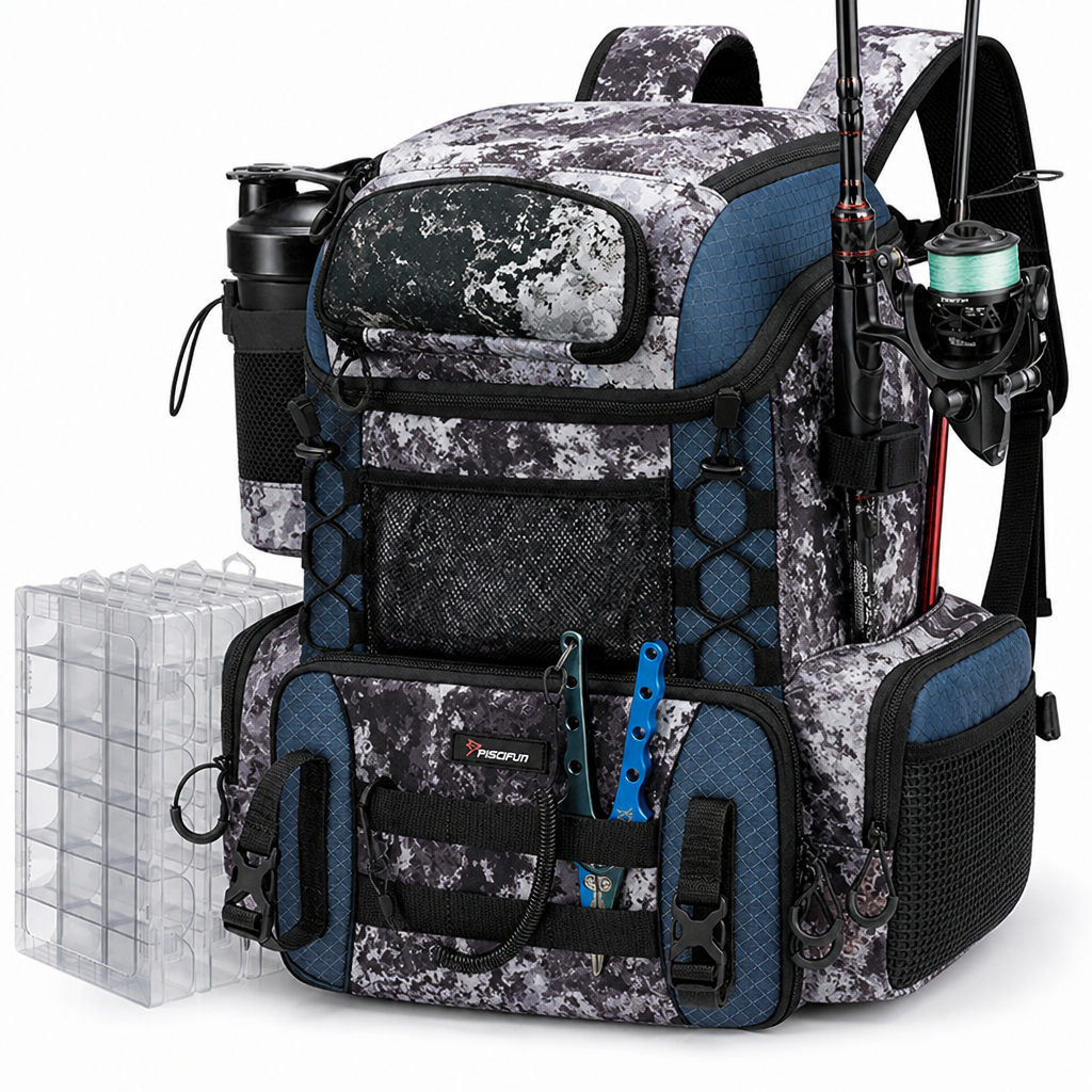 Rod Holders & Ergonomic Fishing Tackle Backpack (Includes 4 Utility Boxes)
