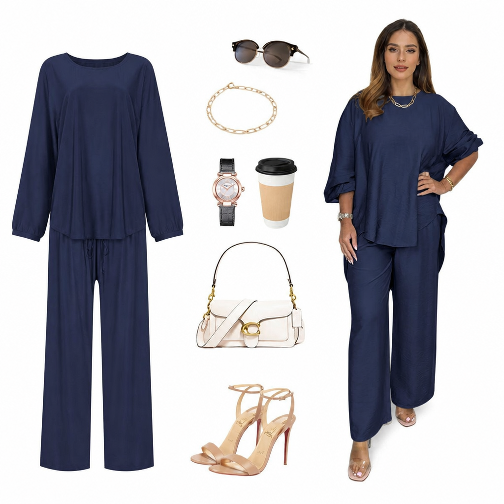 TrueStyle™ – Laid-Back Two-Piece Set Featuring Asymmetric Hem & Wide-Leg Trousers