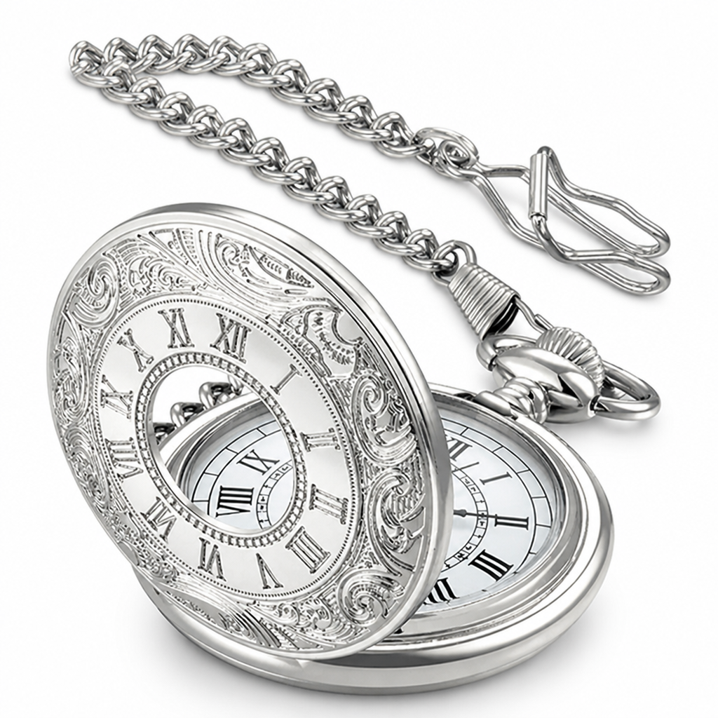 Vintage Roman Numerals & Quartz Pocket Watch (Chain Included)