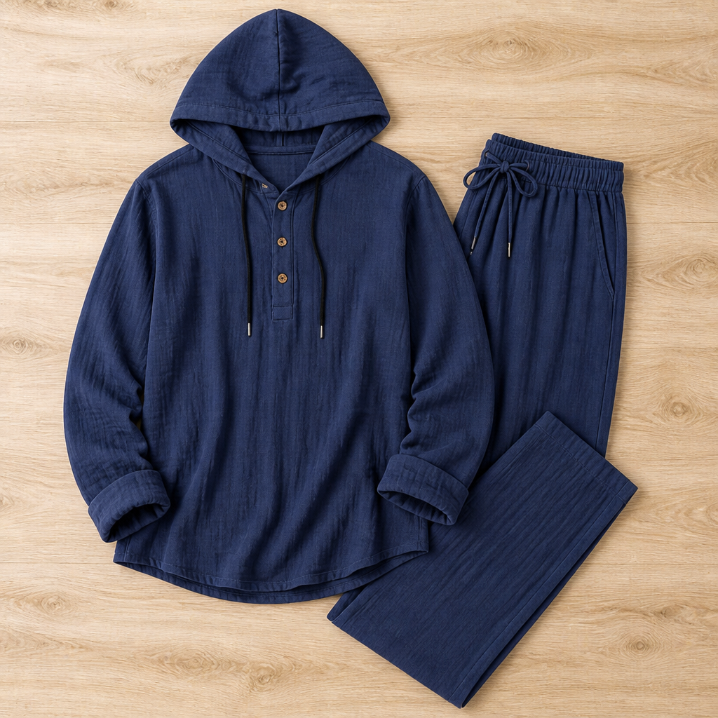 VeloShift™ – Relaxed Linen-Blend Hooded Set with Button Henley Top