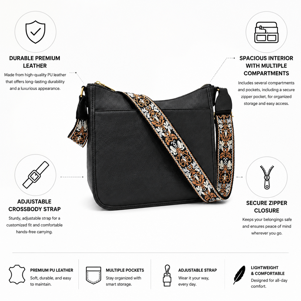 Durable PU Leather Multi-Compartment Crossbody Bag