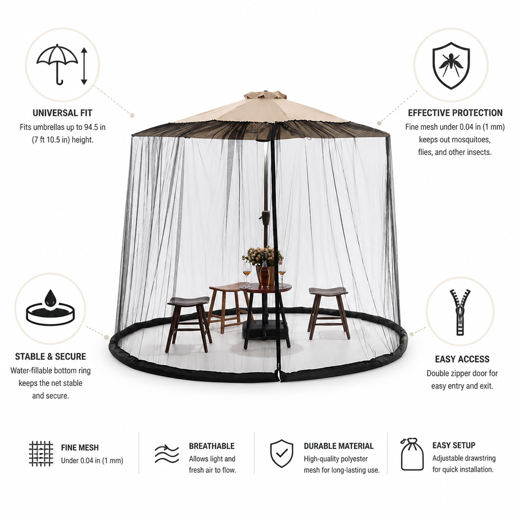 Fine Mesh & Water-Fillable Ring Umbrella Mosquito Net (Fits Up To 240 cm)