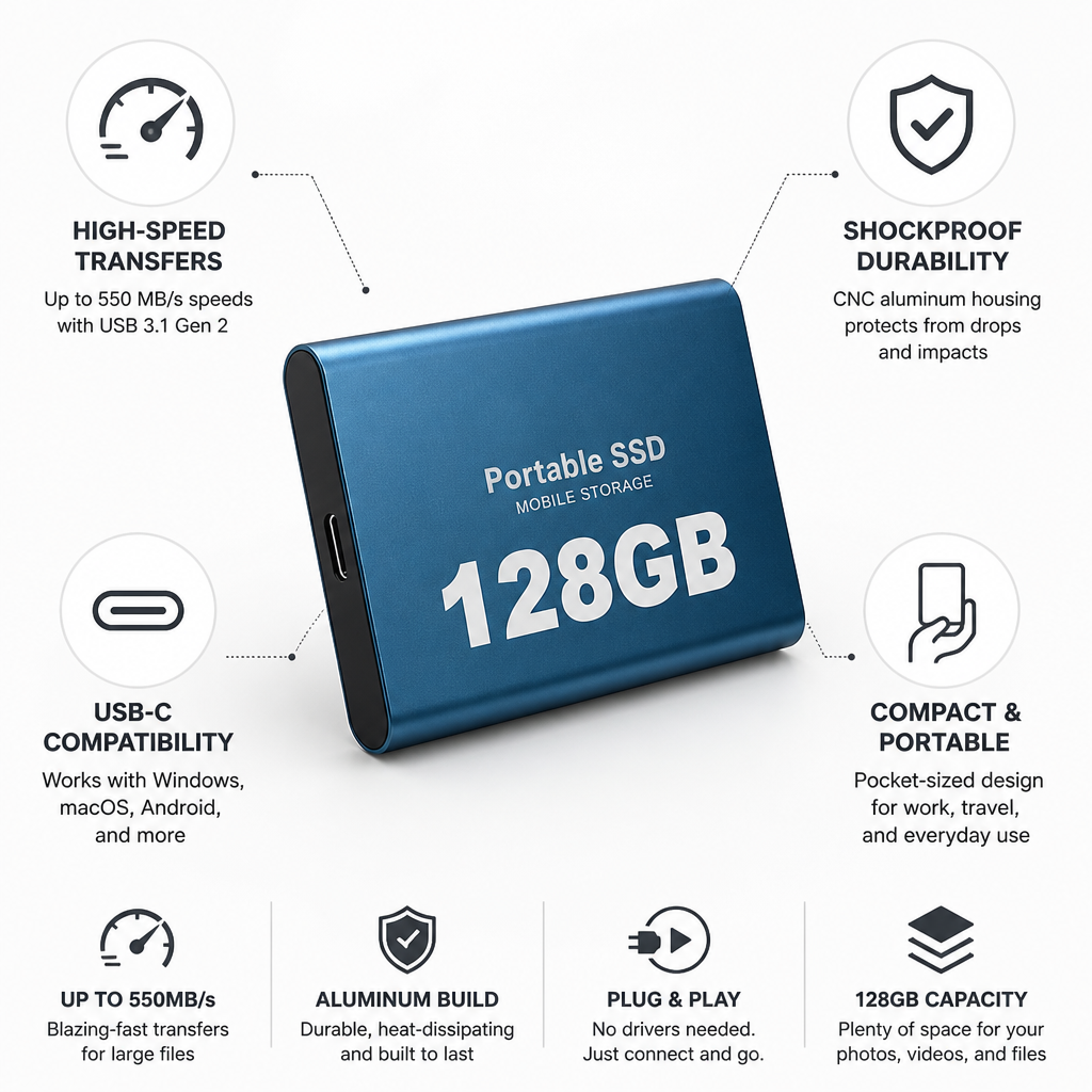 High-Speed USB-C Shockproof Aluminum External SSD (128GB)