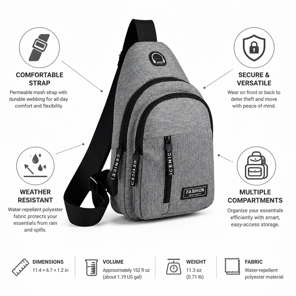 Multiple-Compartment Water-Repellent Sling Bag (USB Port)