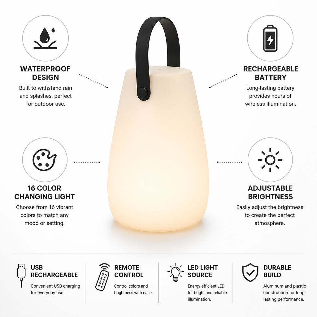 Portable Waterproof USB-Rechargeable & Color-Changing Table Lamp