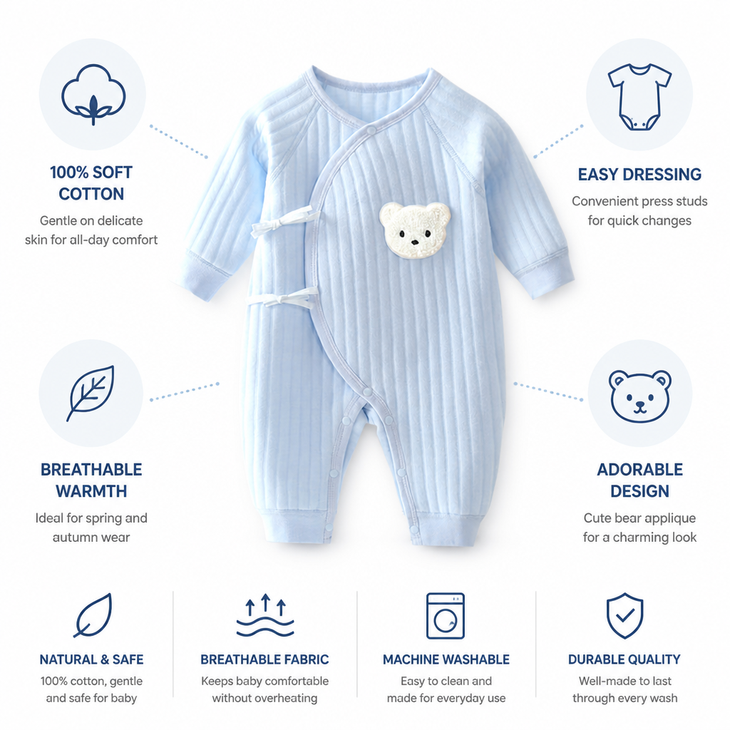 Soft 100% Cotton Press-Stud Baby Romper (Bear Applique)