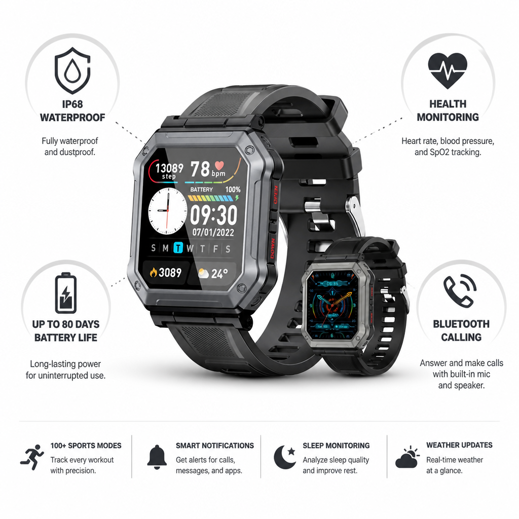 IP68 Waterproof 80-Day Battery Smartwatch (Heart Rate, BP & SpO2)