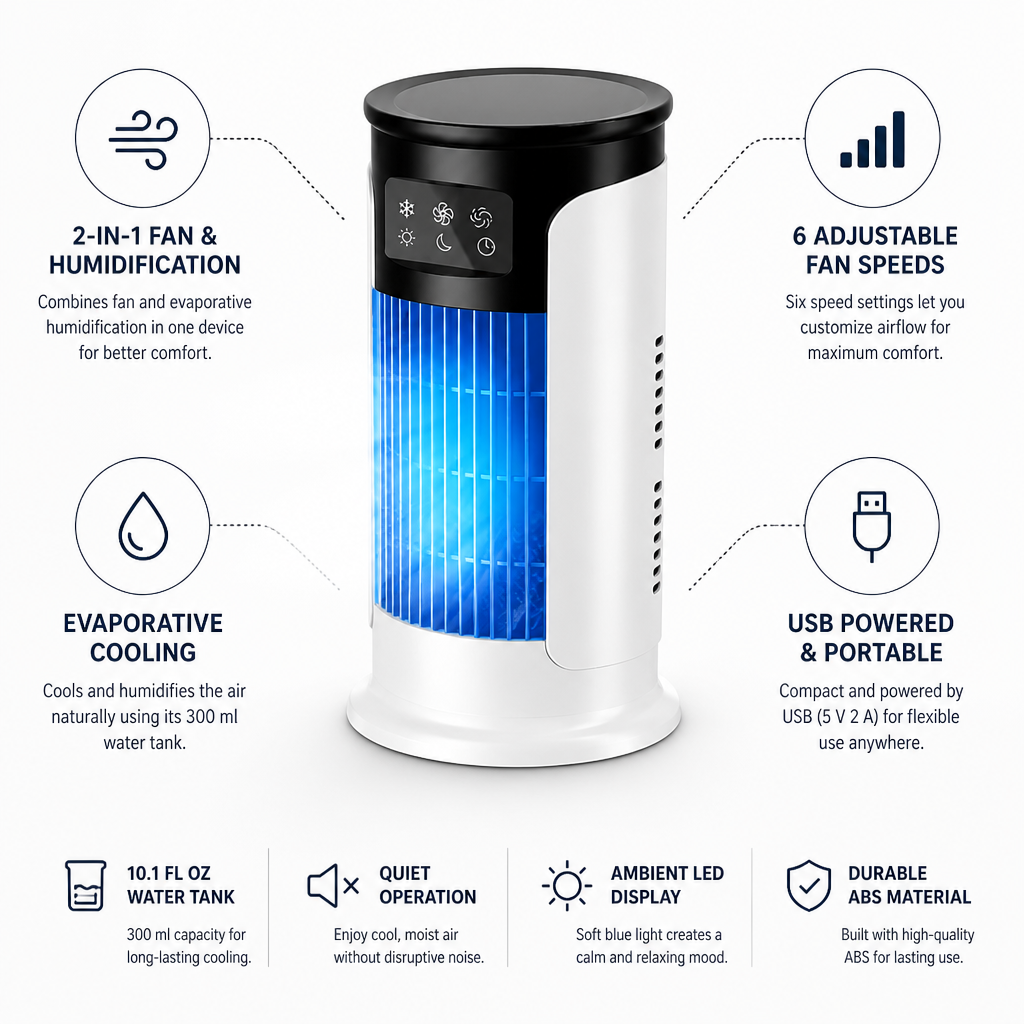 USB-Powered 2-in-1 Fan & Humidifier Desktop Evaporative Cooler