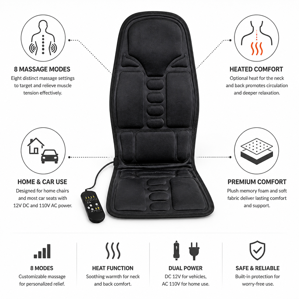 Heated 8-Mode Plush Memory Foam Massage Chair Pad (For Home & Car)