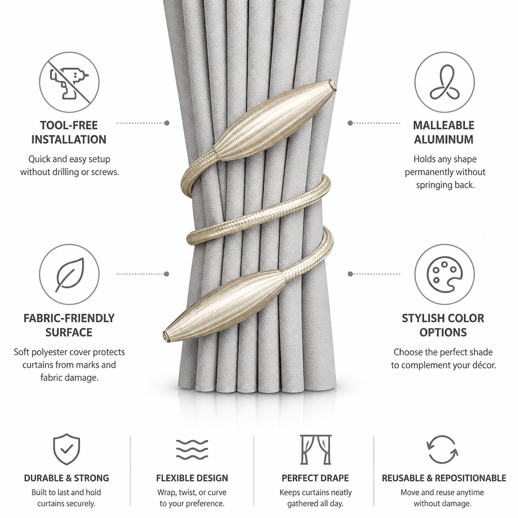 Tool-Free Malleable Aluminum Curtain Tieback