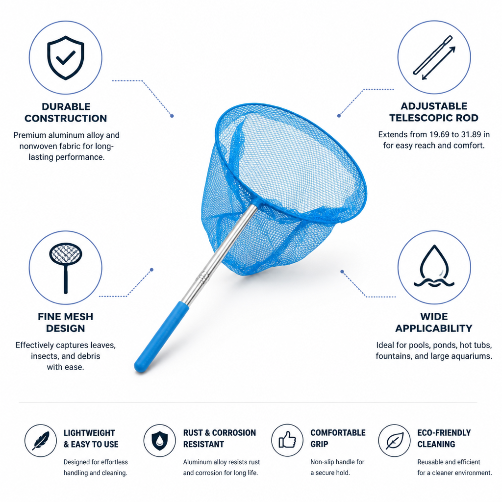 Telescopic Aluminum Fine Mesh Pool Skimmer (Adjustable 50-81 cm)