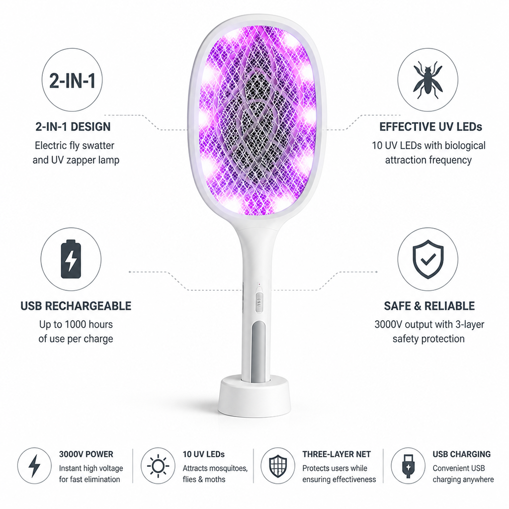 USB-Rechargeable 2-in-1 Electric Fly Swatter & UV Zapper