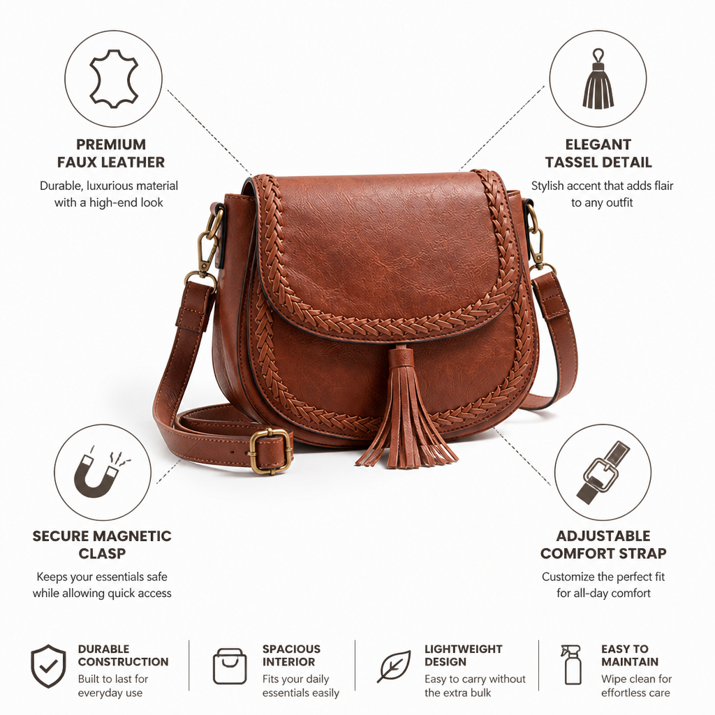Faux Leather Tassel & Braided Trim Crossbody Bag (Adjustable Strap)