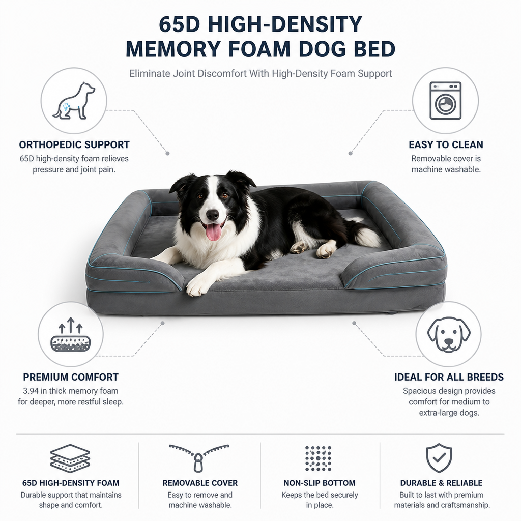 65D High-Density Memory Foam Dog Bed (Removable Machine-Washable Cover)