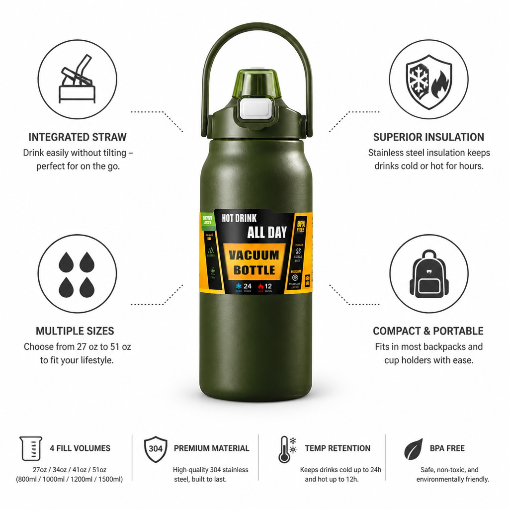 Insulated Stainless Steel Thermos Bottle (Integrated Straw)