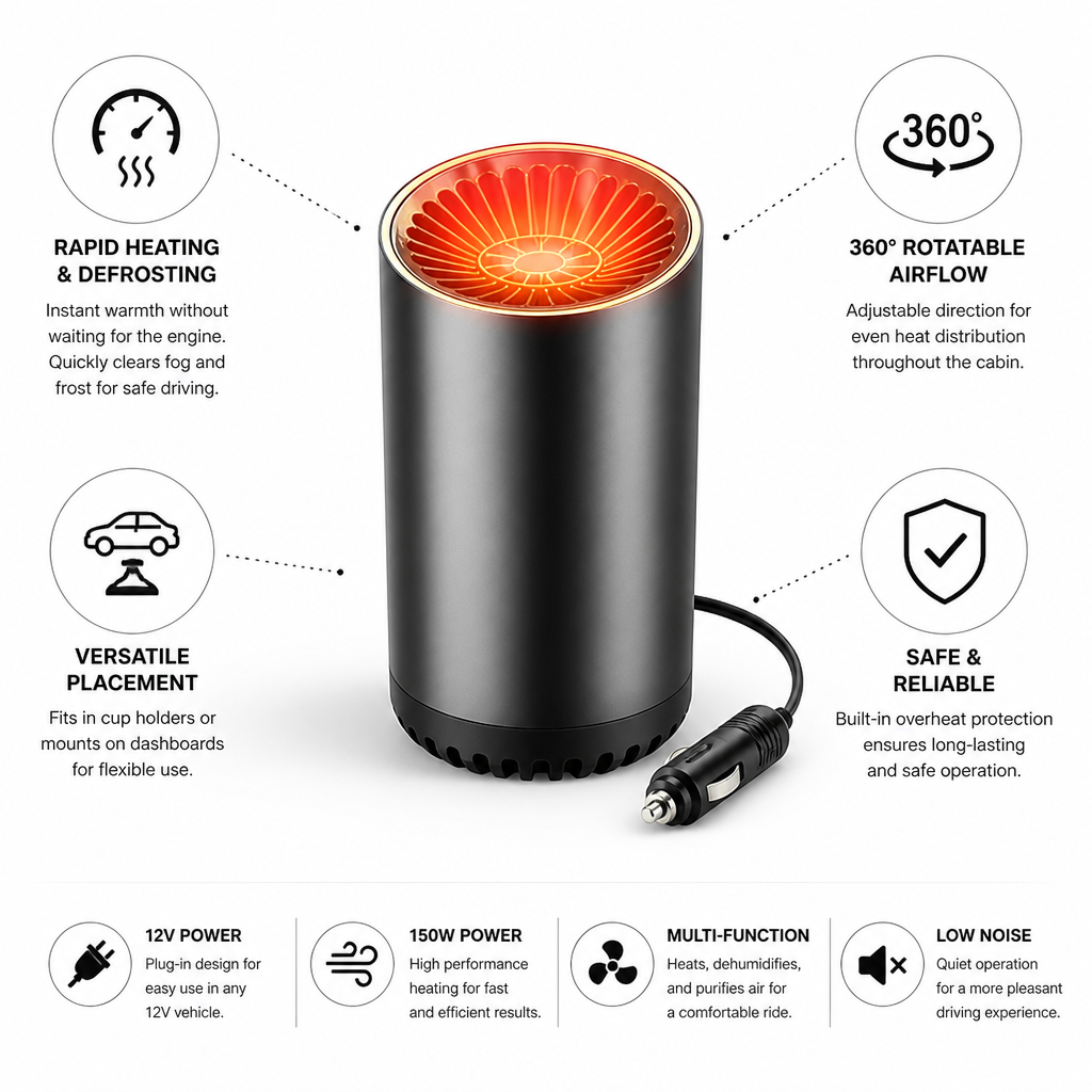 Fast-Heating & 360° Rotating Car Heater (12V Plug-In)