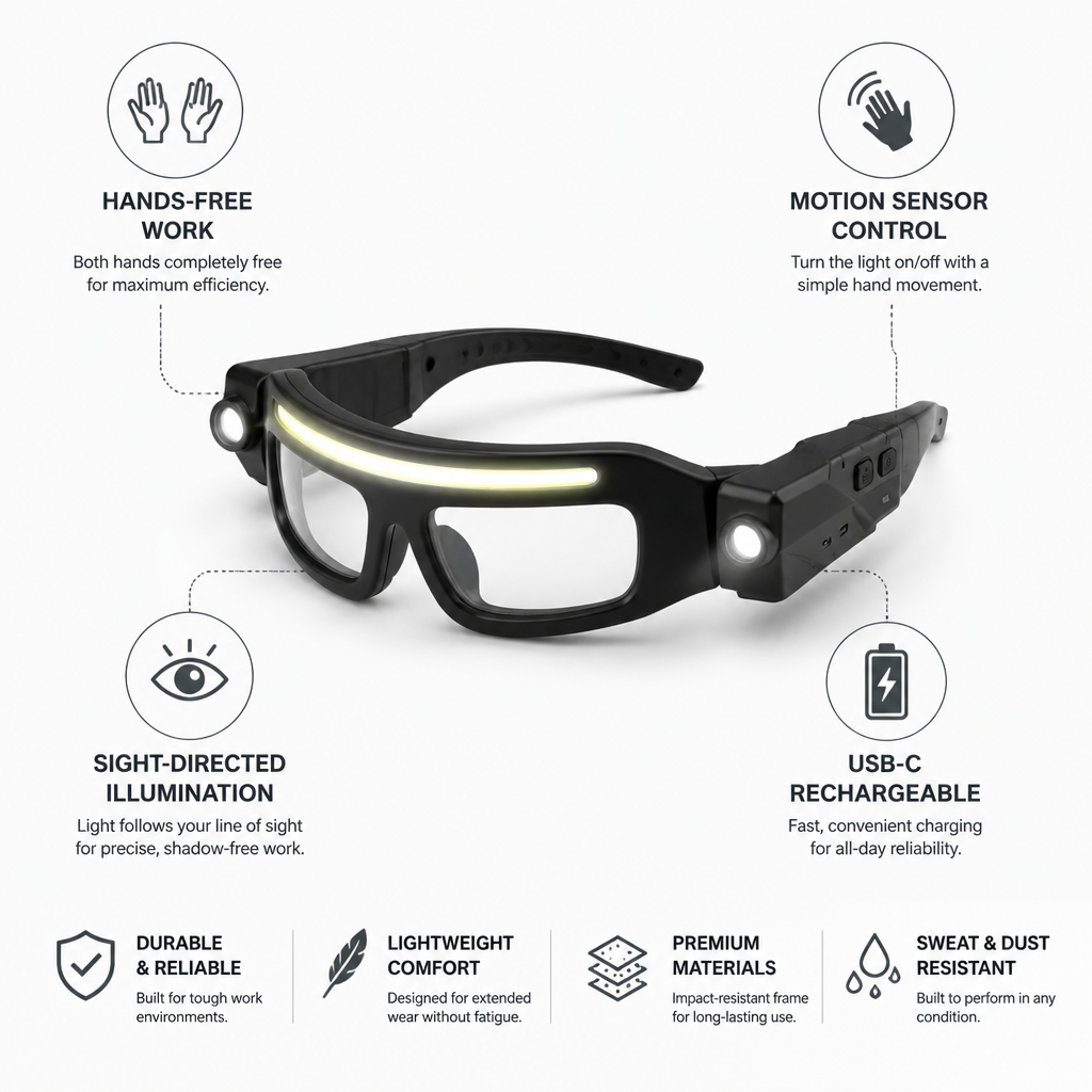 Hands-Free Motion-Sensor Glasses-Mounted Work Light