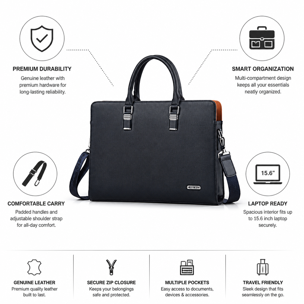 Genuine Leather Multi-Compartment Briefcase (Fits 15.6 in Laptop)