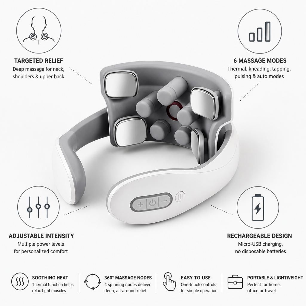 Heat & Vibration Rechargeable Neck & Shoulder Massager (6 Modes)