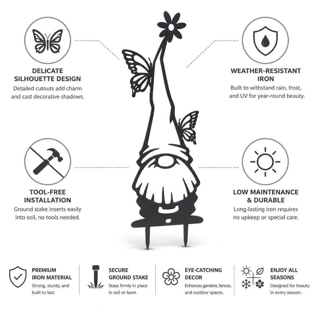 Weather-Resistant Iron Garden Gnome Stake (Butterfly & Flower Cutouts)