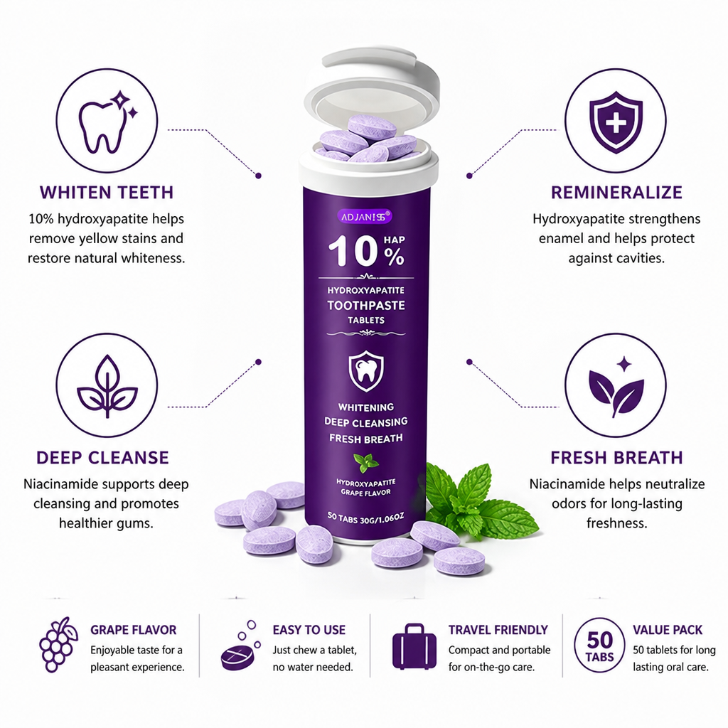 Hydroxyapatite & Niacinamide Teeth Whitening Tablets (Grape, 50 Tabs)