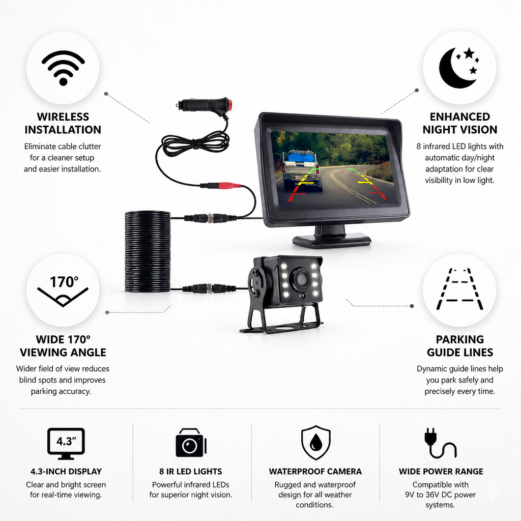 Wireless Night-Vision Wide-Angle Backup Camera System (4.3-Inch Display)
