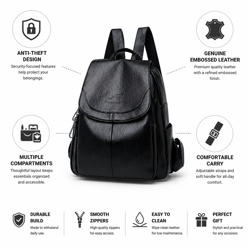 Anti-Theft Genuine Embossed Leather Backpack