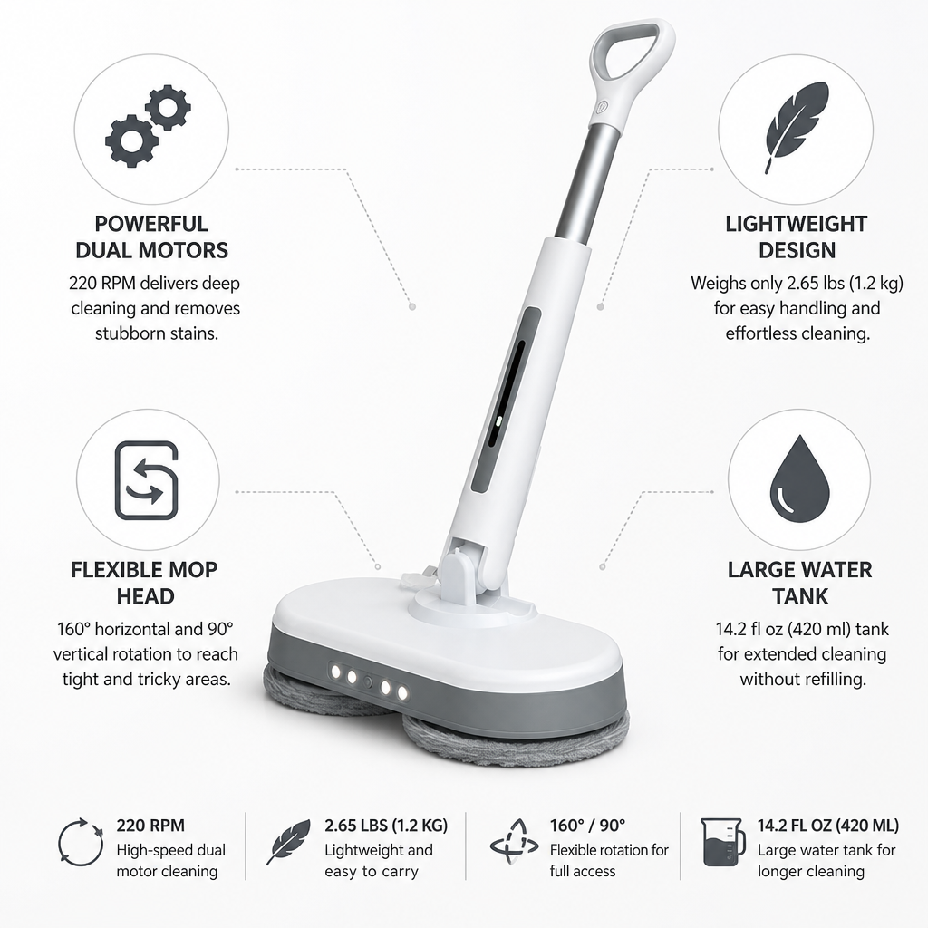 Cordless Dual Motor Flexible Head Wet Mop (420 ml Tank)