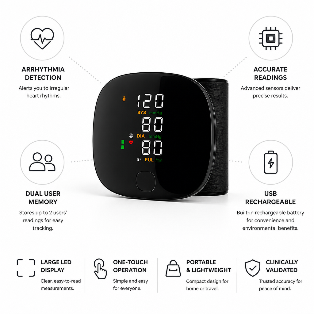 Arrhythmia-Detecting USB-Rechargeable Wrist Blood Pressure Monitor