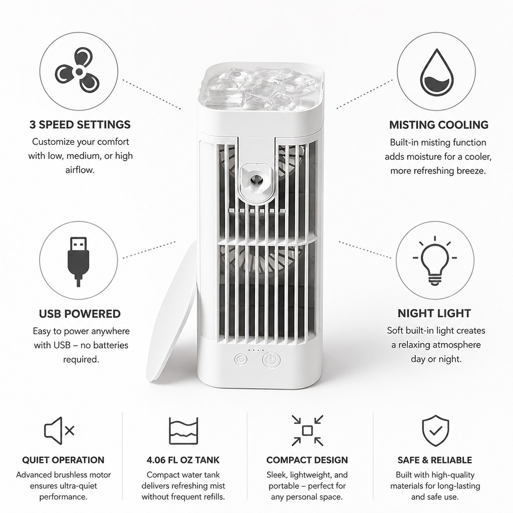 USB Powered Quiet 3-Speed Personal Misting Fan