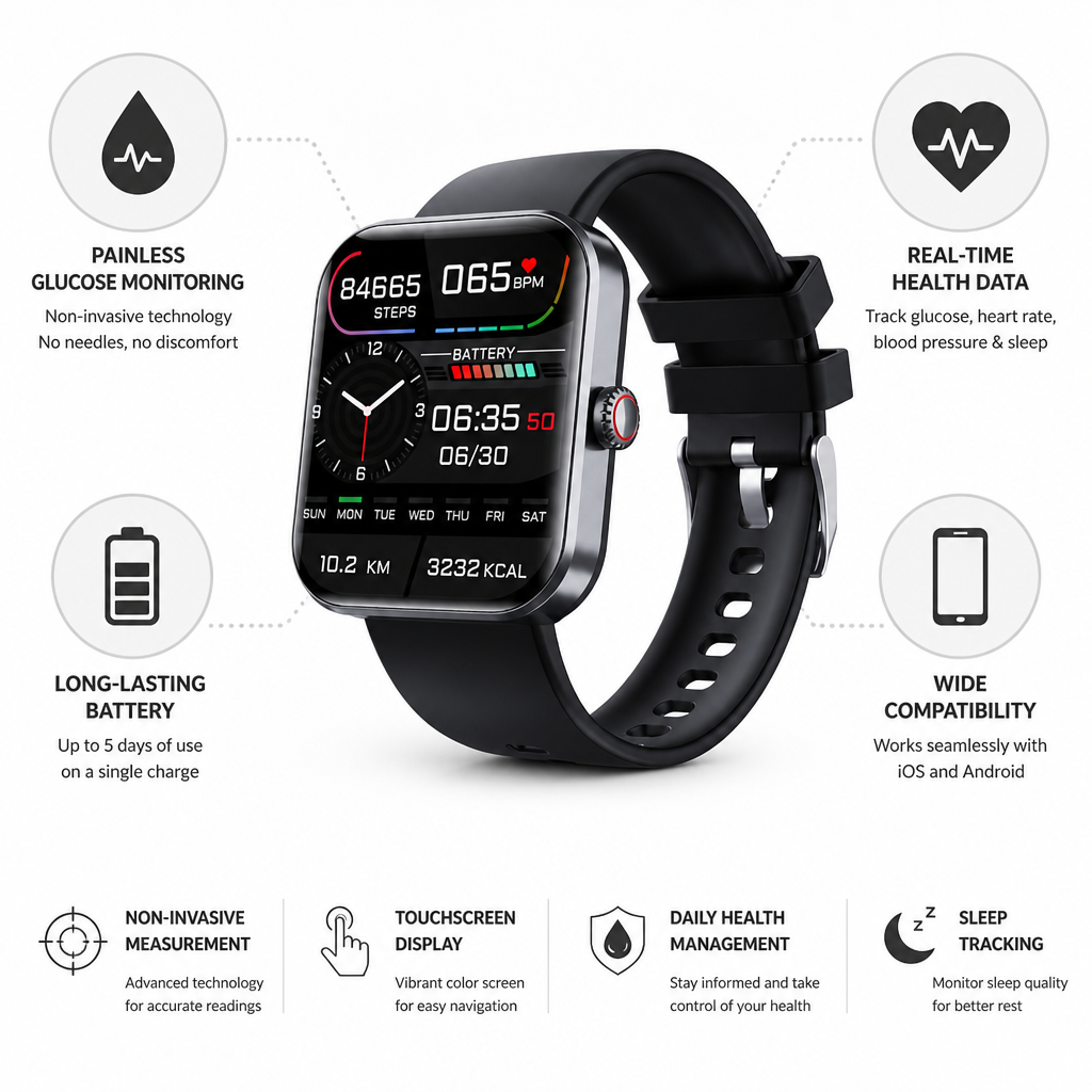 Painless Non-Invasive Glucose Monitor Watch (5-Day Battery)
