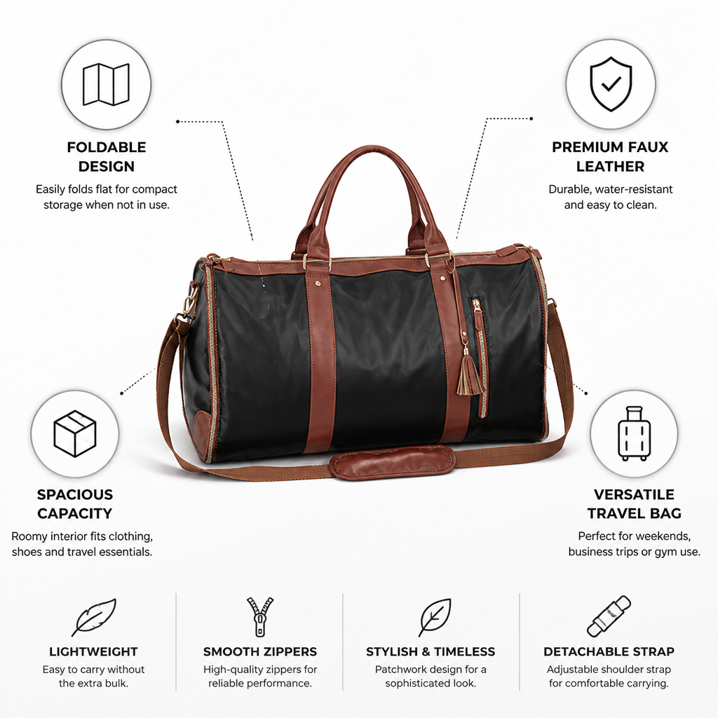 Foldable Patchwork Faux Leather Weekender Duffle