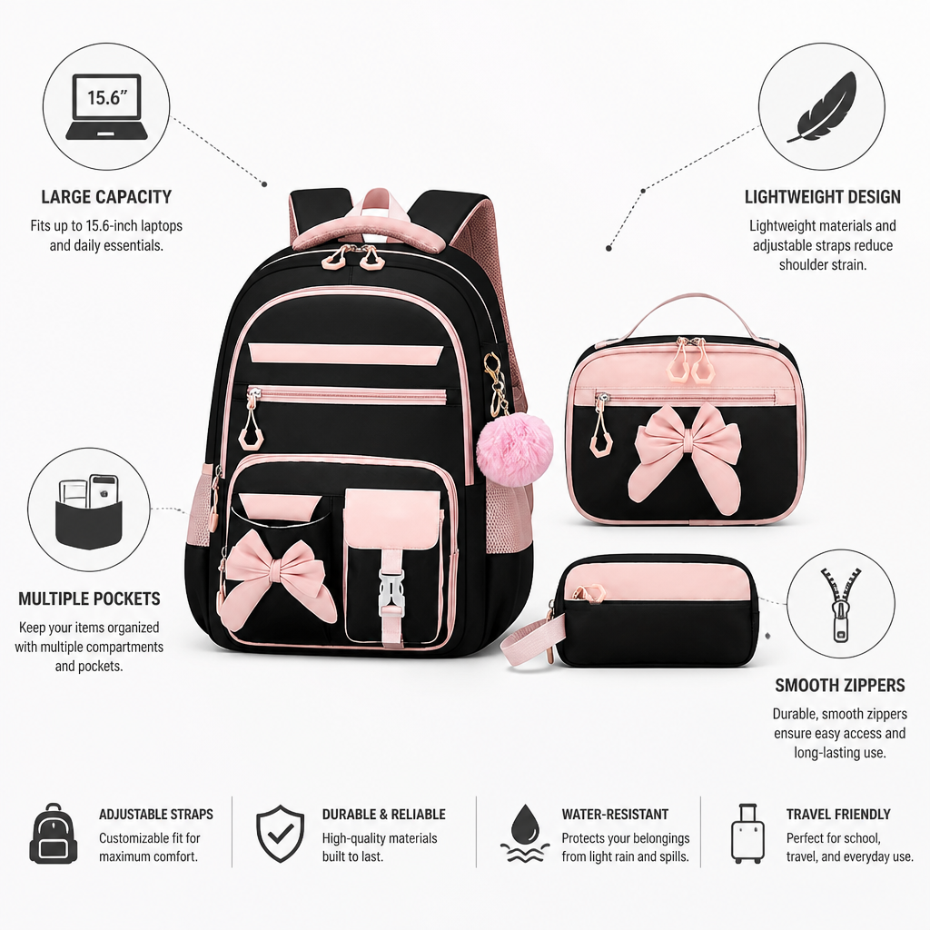 Lightweight Large-Capacity Multi-Pocket Backpack & Handbag Set (Fits 15.6-Inch Laptop)