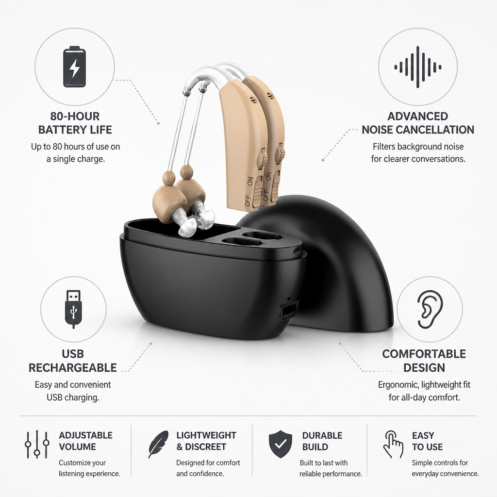 Rechargeable 80-Hour Noise-Cancelling Behind-the-Ear Hearing Aid