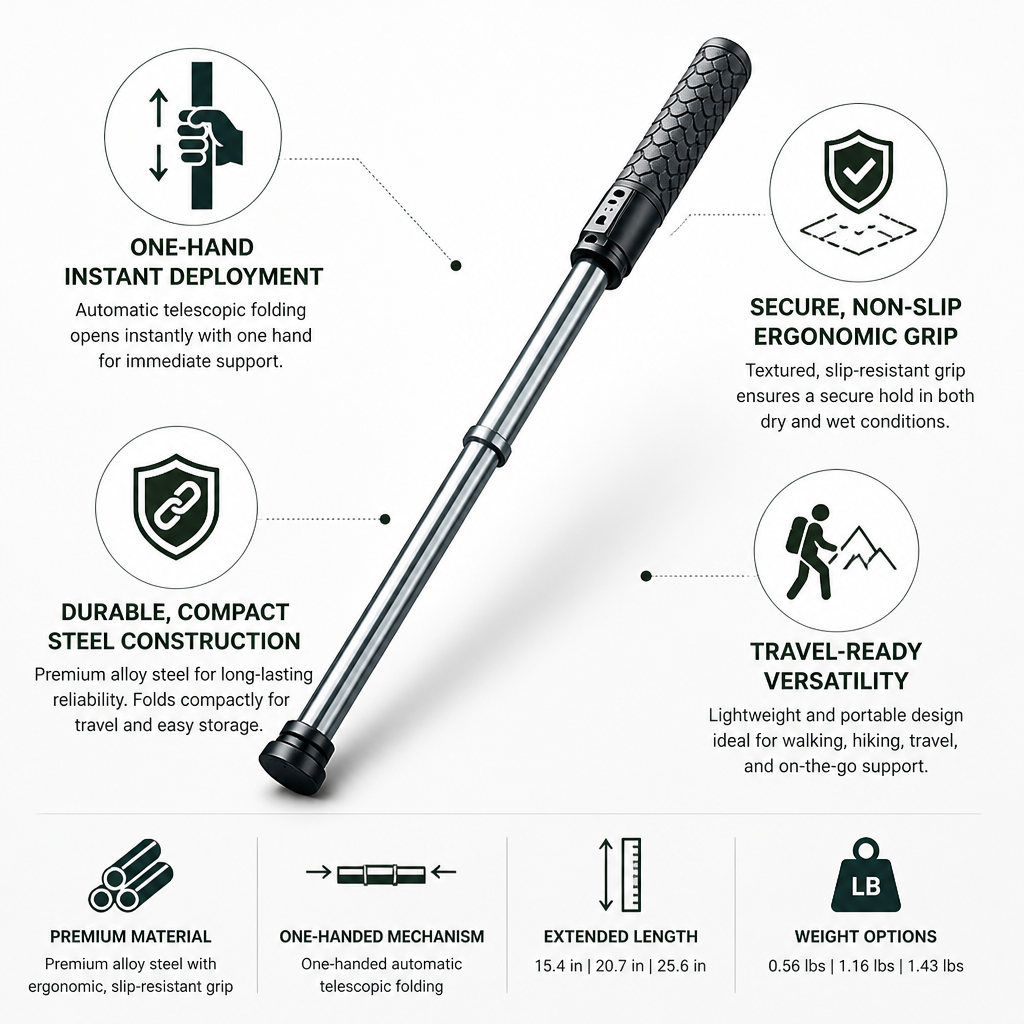 One-Hand Folding & Adjustable Steel Cane (Travel-Ready)