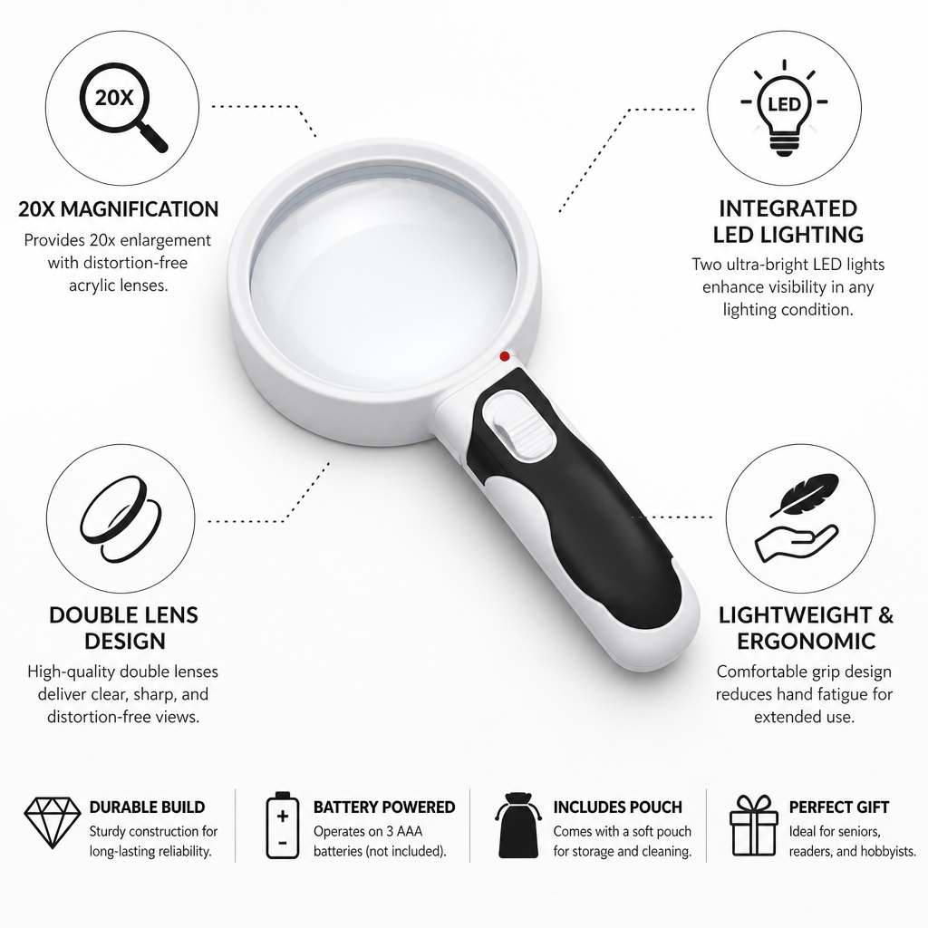 20X Distortion-Free LED Double-Lens Magnifying Glass
