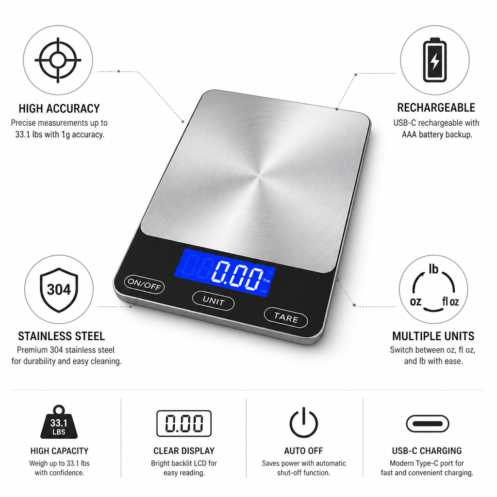 High-Accuracy Stainless Steel Digital Kitchen Scale (USB-C Rechargeable)