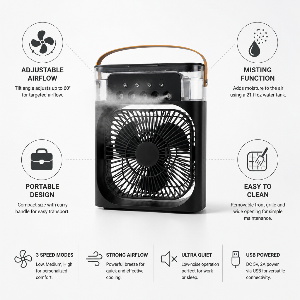 Portable Misting & Adjustable Airflow Personal Air Cooler